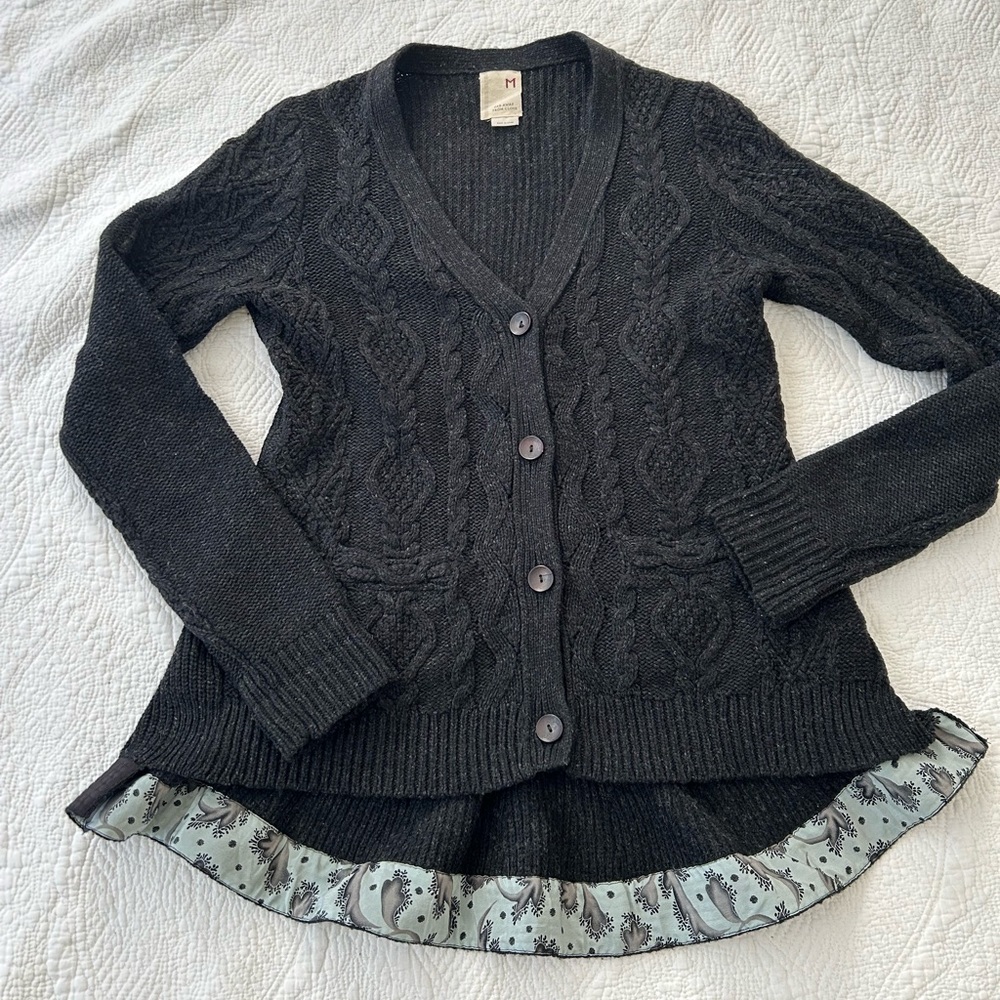 Far Away From Close black cable cardigan w/fabric lined hem. Wool blend. Size M
